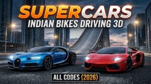 Bugatti and Lamborghini supercars parked in front of mega ramp in Indian Bikes Driving 3D cheat codes guide