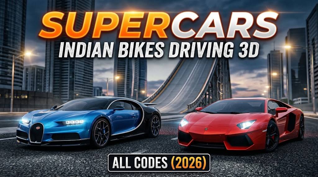 Bugatti and Lamborghini supercars parked in front of mega ramp in Indian Bikes Driving 3D cheat codes guide