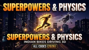 Character executing a glowing super jump over city skyscrapers with moon gravity stunt bikes in Indian Bikes Driving 3D